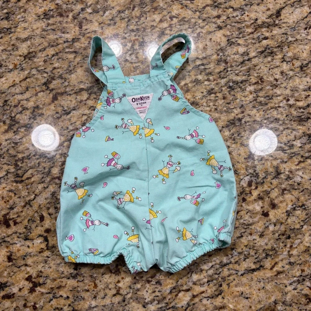 Vintage OshKosh Bgosh Baby Girl Bubble Overalls 12M Aqua Blue Novelty USA v